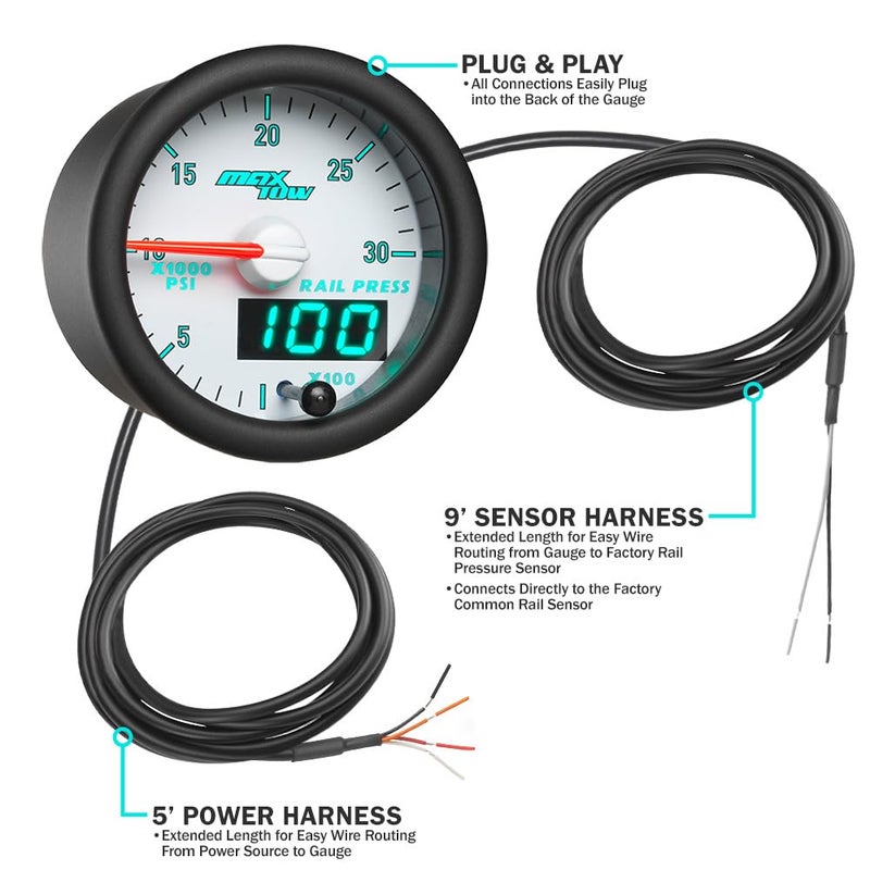 MaxTow Match 30,000 PSI Fuel Rail Pressure Gauge Kit for Dodge Ram 5.9L 6.7L Cummins 3rd Gen Diesel Truck - Double Vision Display with Analog & Digital Readouts - 2-1/16" - Image 2